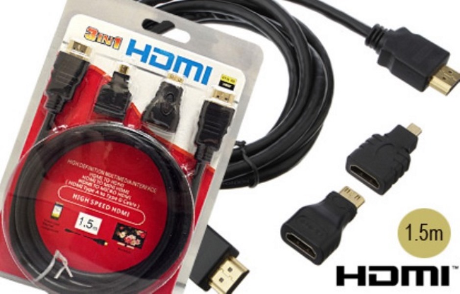 CAVO HDMI FULL HD 3IN1 + ADATTATORI MINI E MICRO HDMI CONNETTORI