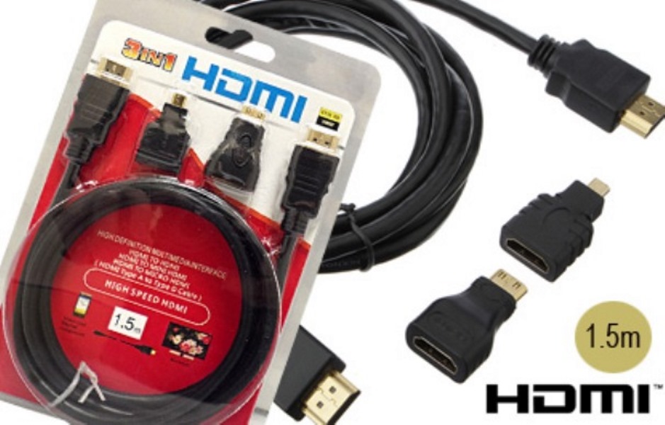 CAVO HDMI FULL HD 3IN1 + ADATTATORI MINI E MICRO HDMI CONNETTORI - Clicca l'immagine per chiudere